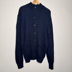 Oscar de la Renta Funnel Neck Cotton Dark Blue Ribbed Button Cardigan Sz XL